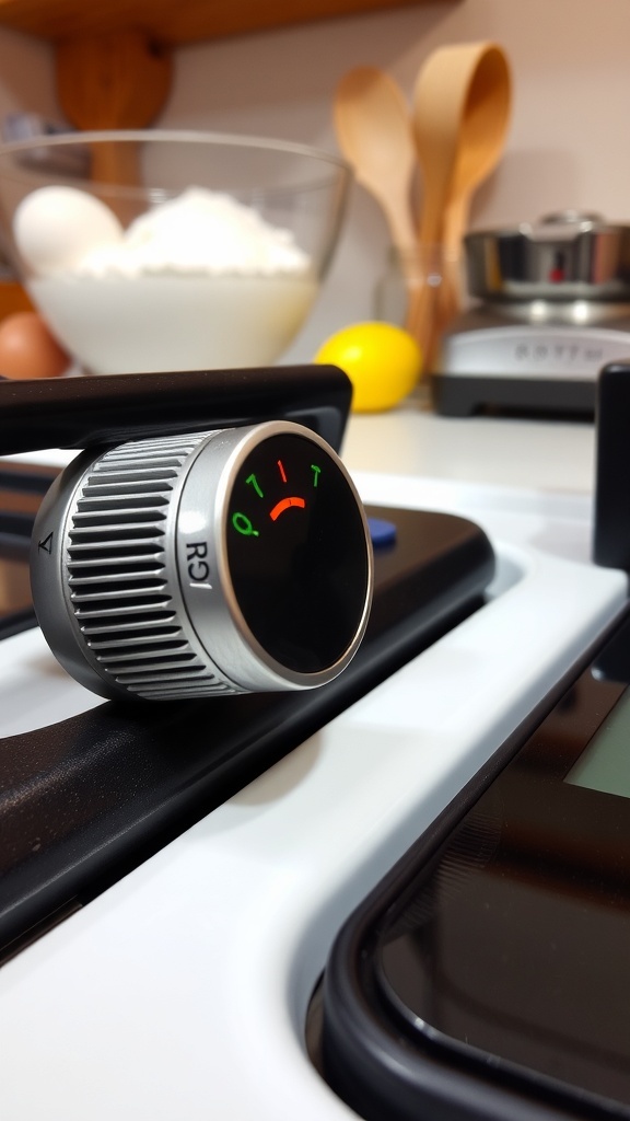 Gas oven dial set to gas mark 1 with a thermometer showing 140°C.